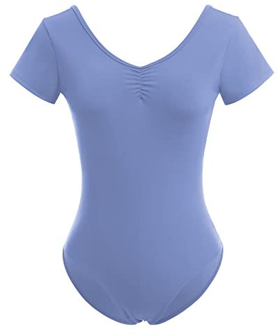 Odizli Ballettkleidung Damen Kurzarm V-Ausschnitt Spitze Rückenfrei Body Bodysuit Ballett Trikot Tanzbody Tanztrikot Turnanzug Ballerina Gymnastikanzug mit BH-Pad Hellblau S
