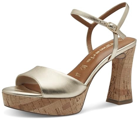 Tamaris Damen Sandalen mit Absatz Leder Blockabsatz Sommer; GOLD/metallic; 37 EU