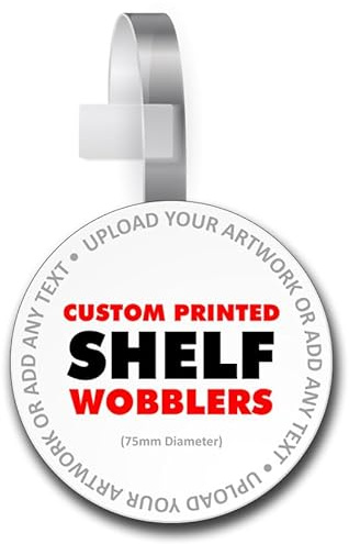 50 Personalised Custom Shelf Wobblers - 75mm Diameter Card with Clear Wobbler Arms - Simply Upload Artwork or Add Text Required (P/NO. CSW75DIA-50)