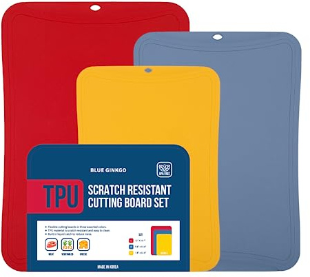 BLUE GINKGO TPU Cutting Mats [Set of 3] – Korean-Made Flexible, Knife-Friendly, Durable Kitchen Cutting Boards (Red, Blue, Yellow)