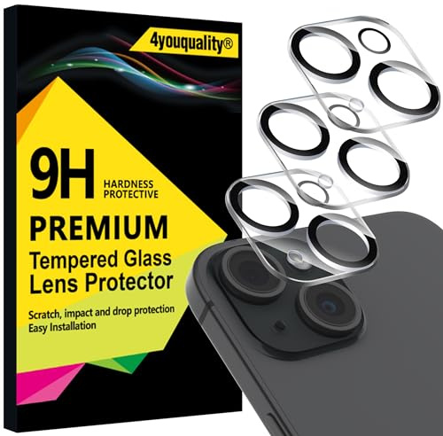 4youquality 3-Pack for iPhone 15 & 15 Plus Camera Lens Protector | 9H Tempered Glass, Impact-Protection, Anti-Scratch, Night Shot Compatible, Ultra Clear, High Transparency, Case-Friendly