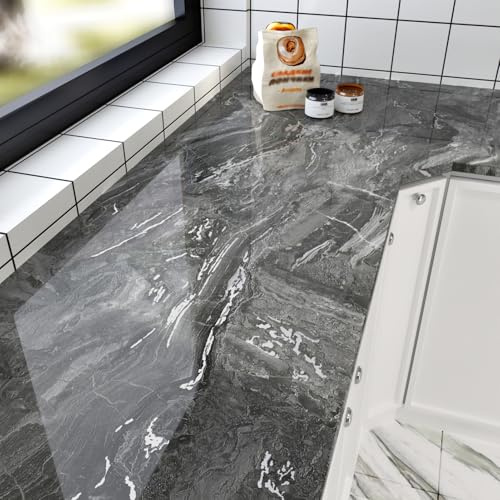 HotDecor Grey Marble Wallpaper Self Adhesive Silver Grey Marble Vinyl Wrap for Kitchen Worktop Cupboards Sticky Back Plastic Roll Gloss Worktop Vinyl Covering Washable Living Wallpaper 40cm X 200cm