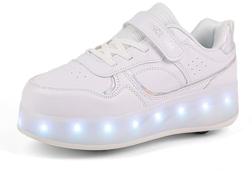 Rollschuhe Schuhe Jungen Mädchen Skateboardschuhe Mit Rollen, Verstellbar Jugend Schuhe mit Rollen und LED Licht, Multifunktionale Sportschuhe Outdoorschuhe für Kinder Erwachsene-Weiß-Vier Räder||30