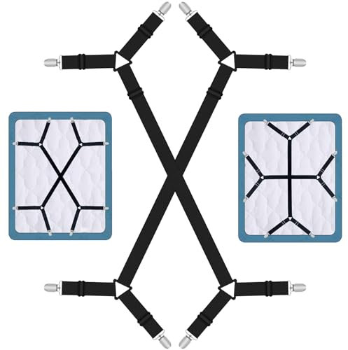Quelcc 2 Stück Bettlakenspanner Verstellbar, Elastische Bettlakenspanner, Black Lakenspanner mit Metallclips, Verstellbar Elastische Dreiecksspanner, für Bettlaken, Matratzenbezüge, Sofakissen