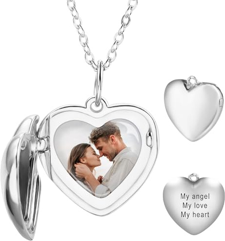 MunkiMix Collier Médaillon Forme Cœur Personnalisé Argent Sterling 925 avec Photo à l'intérieur Or/Argent/Or Rose Pendentif Coeur Ailes D'ange Collier Commémoratif Cadeau pour Femme - A1