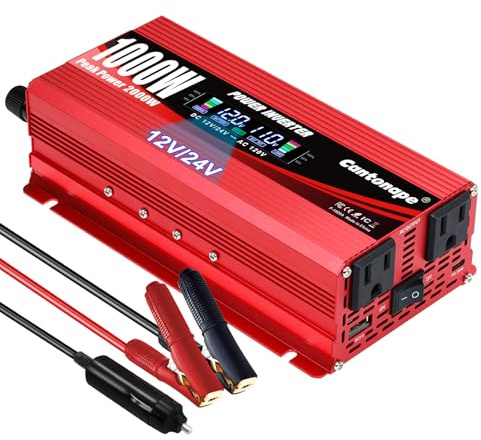 Cantonape 1000W/2000W(Peak) Car Power Inverter DC 12V/24V to 110V AC Converter with LCD Display Dual AC Outlets 3.0A USB and Type-C Car Charger for Car Home Laptop Truck Red