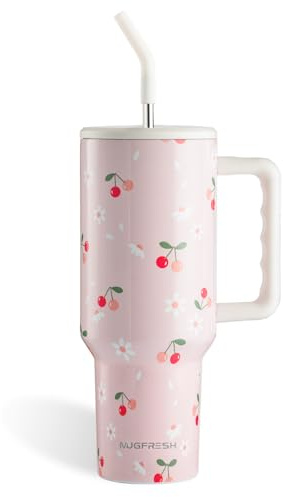 Cherry Tumbler Becher mit Griff und Strohhalm, Kirschblütenbecher, Geschenke für Frauen, Getränkehalter, freundlich, isoliert, Reisebecher, Edelstahl-Wasserflasche