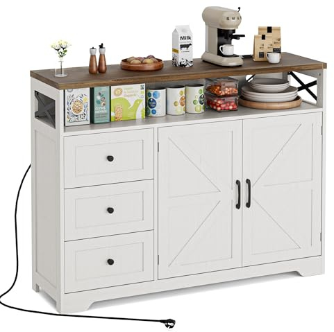 BonVache Credenza, credenza con cassetti, credenza con scaffali aperti, per cucina, sala da pranzo, soggiorno, 120 x 35 x 95 cm, colore bianco