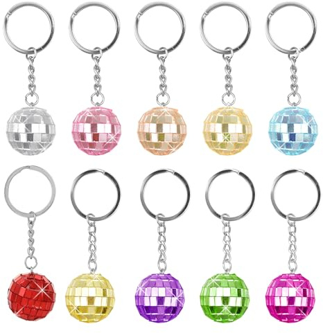 Jaczora 10 portachiavi a forma di mini palla da discoteca, multicolore a specchio, per riempire sacchetti per feste, ornamento da appendere a tema discoteca, portachiavi decorazioni per feste anni '70