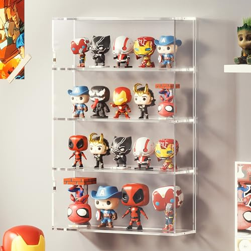 WINKINE Oversized Display Case Compatible with Funko Pop Out of Box, Acrylic Floating Shelf Wall Mounted, Clear Display Cabinet Box for Collectibles, Toys, Figure Stand Storage (Clear-4 Tier)