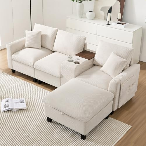 Divano ad Angolo 4 Posti con Poggiapiedi Rimovibile, Consolle e Porta USB, Chaise Longue a Forma di L per Salotto Soggiorno Divano a Sinistra/Destra, Tessuto imbottito in Velluto, Beige(229*149.5*83cm