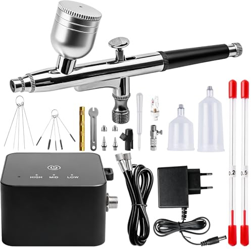 Kit de aerógrafo con compresor de aire portátil de 25 PSI con pistola de aerógrafo de doble acción + accesorios de limpieza para maquillaje, diseño de uñas, decoración de pasteles, modelado y tatuaje