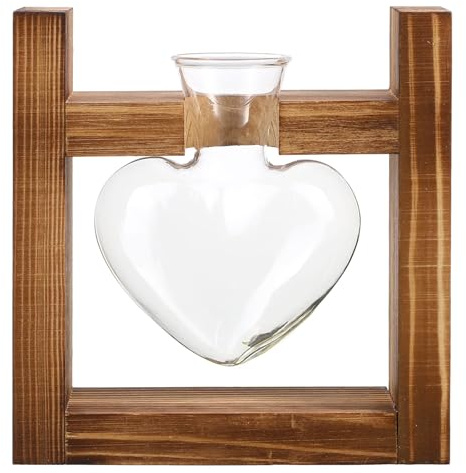 Healeved Jarrones de Cristal en Forma de Corazón con Soporte de Madera, para Plantas Hidropónicas y Flores, Decoración para Boda y Hogar