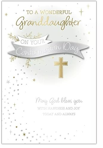 Granddaughter Confirmation Day Card - Silver Foil Banner & Gold Foil Cross 9x6