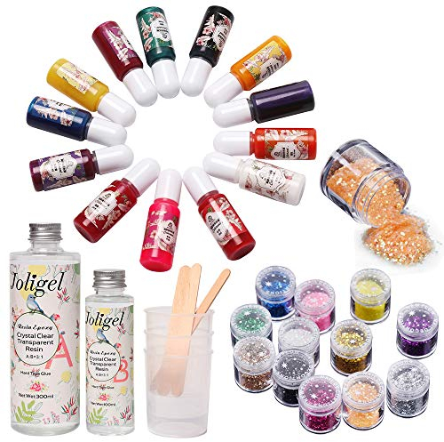Joligel Zweiteiliges Epoxidharz-Set zur Schmuckherstellung, mit Mischbechern und Rührstäben zum Gießen und Beschichten, mit Farbpigmenten, transparenten Farben und Glitzern