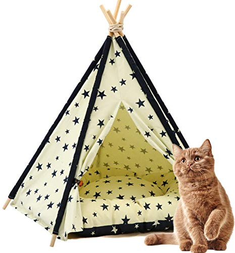 Haustier Tipi Hund Katze Bett, Tragbare Hundezelte Haustierhäuser Mit Kissen Tafel Indoor Outdoor Hundebedarf Holz Leinwand Tipi Wegklappen Kleintiere Bett,Beige,L