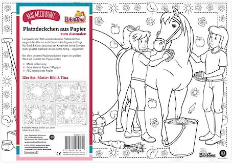 12 Bibi & Tina Papier-Platzsets zum Ausmalen, Bibi und Tina Platzsets, Papier-Tischsets für Kinder, Bibi und Tina, Schulanfang Mädchen, Mal Mich Bunt