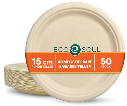 ECO SOUL Small Paper Plate (15Cm) 6 Disposable Plates-Natural(50-Pack) | Bagasse Plates, Plastic-free & compostable, Microwave & freezer safe, Leak-resistant strength, Eco Friendly biodegradable