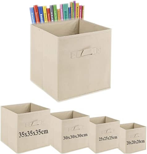 A406 2x Foldable Boxes Storage Cube Boxes Fabric Cubes with Handles Collapsible Organiser Clothes Storage Box (Beige, Small-20x20x20cm)