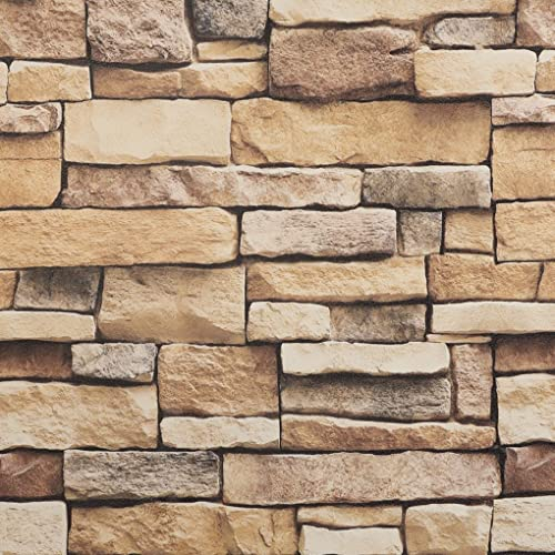 Arthome 43.5cmx200cm Brown Stone Brick Self Adhesive Wallpaper,Peel and Stick Contact Paper Sticky Back Plastic Roll,Waterproof PVC Vinyl Wrap Film for Kitchen Fireplace Backsplash Wall Covering