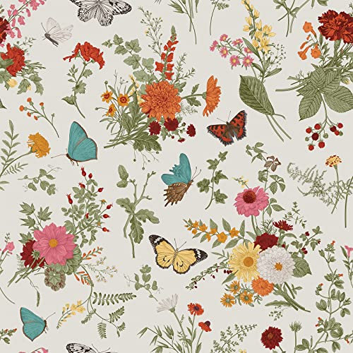 VEELIKE Papel Pintado Flores Mariposa Beige Vintage Papel Pared Hojas Tropicales Papel Adhesivo para Muebles Flores Fotomurales Decorativos Pared Dormitorio Papel Tapiz Salon Habitacion 44.5cm×300cm