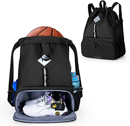 GOBUROS Soccer Bag, Soccer Drawstring Backpack for Basketball, Volleyball and Football, Sports Gym Equipment Bag with Separate Shoes and Ball Holder, Black
