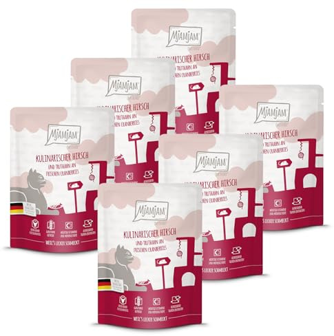 MjAMjAM - Comida húmeda Premium para Gatos - Quetschie - Ciervo culinario y Pavo con arándanos Rojos Grandes Frescos, Pack de 6 (6 x 300 g), sin Cereales con Extra de Carne