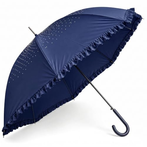 Superbia Bridal Wedding Umbrella for Bride & Bridesmaids, Sparkle Diamante Frill Parasol, Auto-Open Waterproof Stick Umbrella for Wedding Photos, Rain & Sun, 95cm Canopy