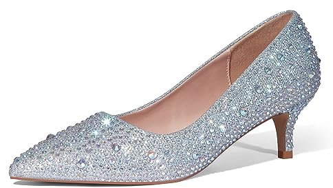 Zhabtuc Damen Pumps mit Kitten Heel Sexy Spitz Niedrige Absätze 5 cm Absatzschuhe Geschlossene Pumps mit Kleinem Absatz Elegant Brautschuhe Büro Heel Schuhe Strass Silber 41EU