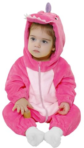 LOLANTA Unisex babydinosauriekostym, småbarn med huva, djurkostym, flanell, unionsdräkt