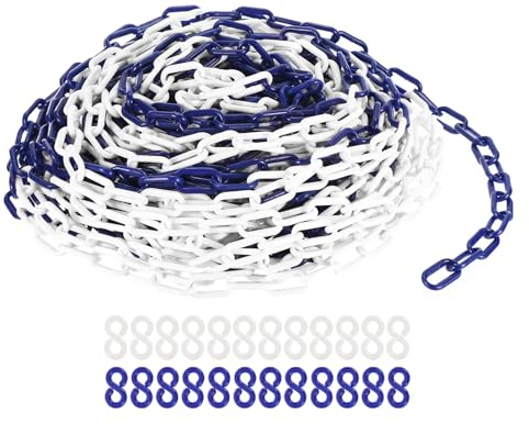 PATIKIL Cadenas de Plástico, Eslabones de Seguridad de 100 Pies, Azul/Blanco 0.24/6mm de Altura, Cadenas de Plástico con 12 Ganchos Azules y 12 Ganchos Blancos para Barreras