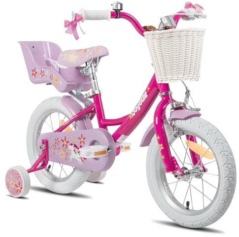 JOYSTAR Einhorn 12 Zoll Kinderfahrrad für 3 4 5 Jahre Mädchen, Kinderfahrrad mit Puppenfahrradsitz & Stützrädern& Korbstreamer, violett