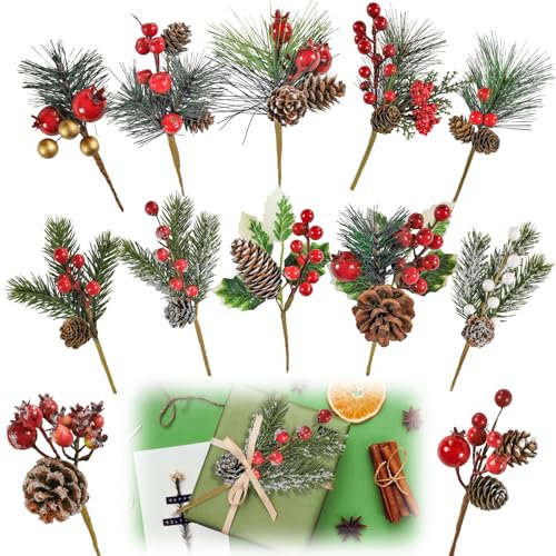 LETTERASHQP 12 Stück Künstliche Tannenzweige Kleine Künstliche Rote Beeren Weihnachtsdeko Tannenzweige Tischdeko Weihnachten Mistelzweig Trockenblumen Weihnachten Deko Zweige Weihnachts Deko