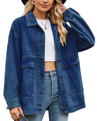 MINTLIMIT Denim Jackets for Women Long Sleeve Oversized Button Up Denim Coat Casual Jean Jacket Coat with Pockets, Navy Blue