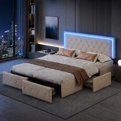 Letto Matrimoniale Imbottito con Luci a LED 160x200 cm, Struttura Letto Matrimoniale con 4 Cassetti, in Pelle PU, Letto con Contenitore, Supporto a Doghe in Legno, Non Necessita di Molle, Bianco
