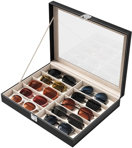 NEWLOOP 10/30 Slots Sunglass Organizer for Multiple Pairs of Eyeglass See-through Display Case Storage Box for Women Men, 1 Layer With 10 Slots, Black, One Size