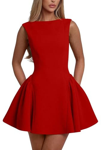 YMDUCH Women's Summer Sleeveless Crew Neck Backless A-line Mini Party Prom Dress Red