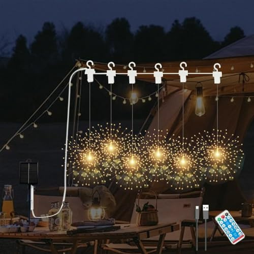 YZYOE 6 paquete led al aire libre luces de fuegos artificiales de color cálido solar con control remoto, Impermeable Solar & USB alimentado patio luces decorativas, 8 modos.