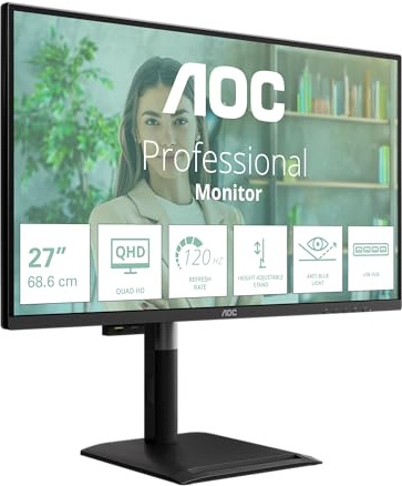 AOC Q27P4U 27 Zoll WQHD Gaming Monitor 120Hz, IPS Panel, 4ms GtG, Adaptive Sync, HDR Modus, Höhenverstellung, Lautsprecher, (2560x1440 HDMI 2X 2.0 DP USB Hub) Schwarz