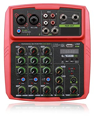 DJ-mixer, 4-kanalers ljudmixergränssnitt Professionell Studioinspelning Ljudkort Mixerkonsol Mikrofon 48V Phantom Power(Rood)