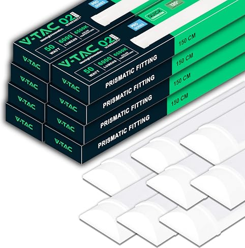 V-TAC 8x Plafoniere LED Lineari da Soffitto 150 CM - 50W - Chip Samsung - 8 Pezzi - Lampada Rettangolare 6000 Lumen IP20 per Parete, Garage, Negozio - Tubo LED Plafoniera - Luce 6500K Bianca Fredda