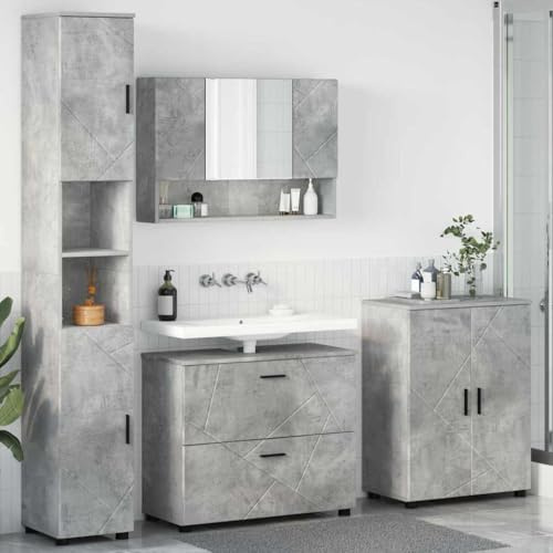 Ziaphsol badrumsmöbler set 4 delar betong grå plywood metall väggmonterad förvaringsutrymme tvättställ spegel högskåp komplett set för modernt badrum