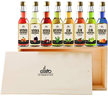 Premium Cocktail Selection Gift Set - 8 Unique Flavours | Fig, Sour Cherry, Blood Orange, Curacao, Absinthe, Lime & Basil, Raspberry, Rhubarb, Gin & Vodka | Pack of 8-40ml each (Wooden Box)