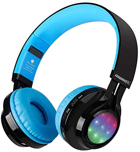 Riwbox Bluetooth Headset, AB005 Wireless Headphones 5.0 with Microphone Foldable Headphones with TF Card FM Radio and LED light for Cellphones and All Bluetooth Enabled Devices (Black&Blue)