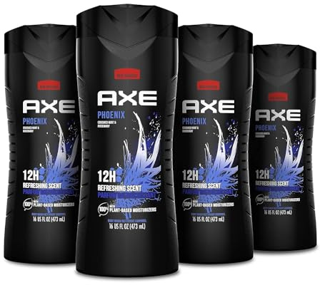 AXE Body Wash Phoenix 4 Count 12h Refreshing Scent Crushed Mint & Rosemary Men's Body Wash with 100% Plant-Based Moisturizers 16 oz
