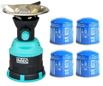 INTEC - Réchaud à Gaz Portable 1200W + 4 Cartouches Gaz 190g Incluses – Allumage Piézo, Mini Réchaud de Camping/Randonnée/Pêche – Compact et Léger pour Globe-Trotter.
