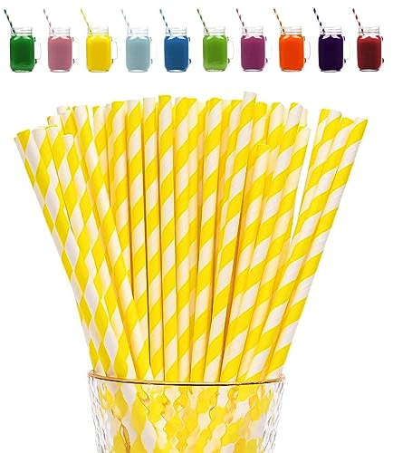 Yellow Stripes Drinking Straws - 100 Pack Biodegradable Paper Straws for Kids, Assorted Colors, Perfect for Parties & Xmas Decor
