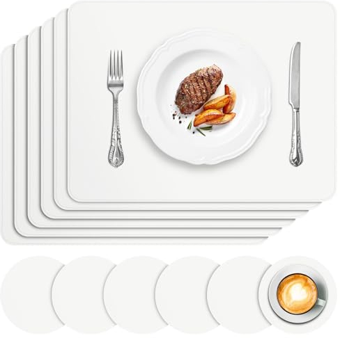 APLKER Placemats and Coasters Set of 6, Heat Insulation PU Leather Table Mats Waterproof Washable Dining Place Mats for Kitchen Indoor Outdoor Party, 16 x12 inch - White