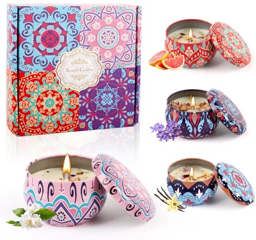 Bougies Parfumées Cadeau pour Femme, Lot de 4 Bougies D'Aromathérapie en Cire de Soja Parfumée Naturelle, Cadeau pour Anniversaire Maman Fête des Mères Bain Yoga Valentin Noël
