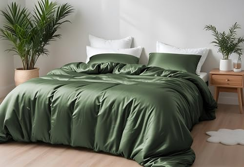 LINENWALAS Bettbezug-Set aus 100% Bambus, 155 x 220 cm, hochwertiger antiallergischer, weicher, kühlender Seiden-Bettbezug mit 1 Kissenbezug (155 x 220 cm, Avocadogrün)